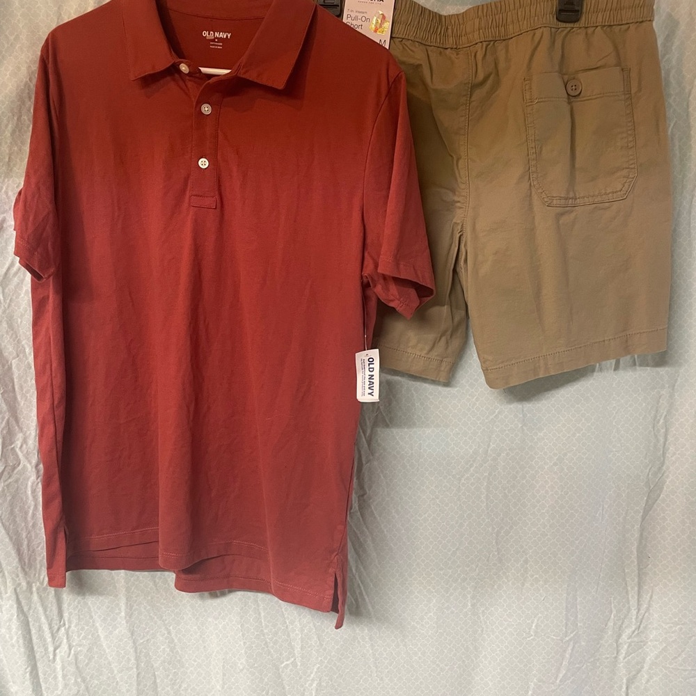 Old Navy Deep Rust Collared polo Shirt and khaki shorts outfit